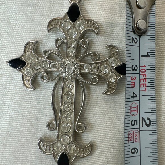 Silver Tone Cross Pendant With Crystal Rhinestones & Black Accents Religious - Picture 3 of 3